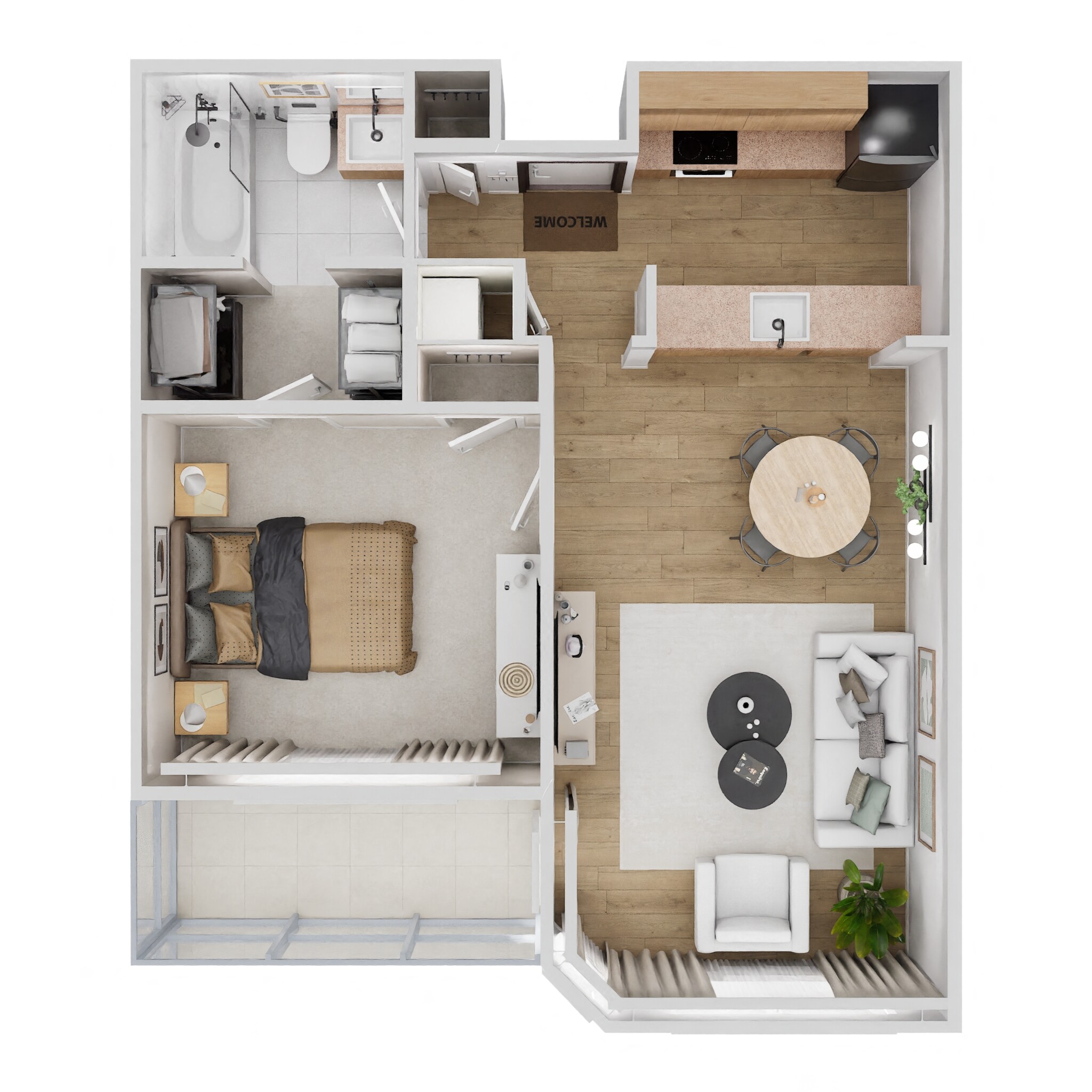 Floor plan for 1 bed, 1 bath, 589 sqft